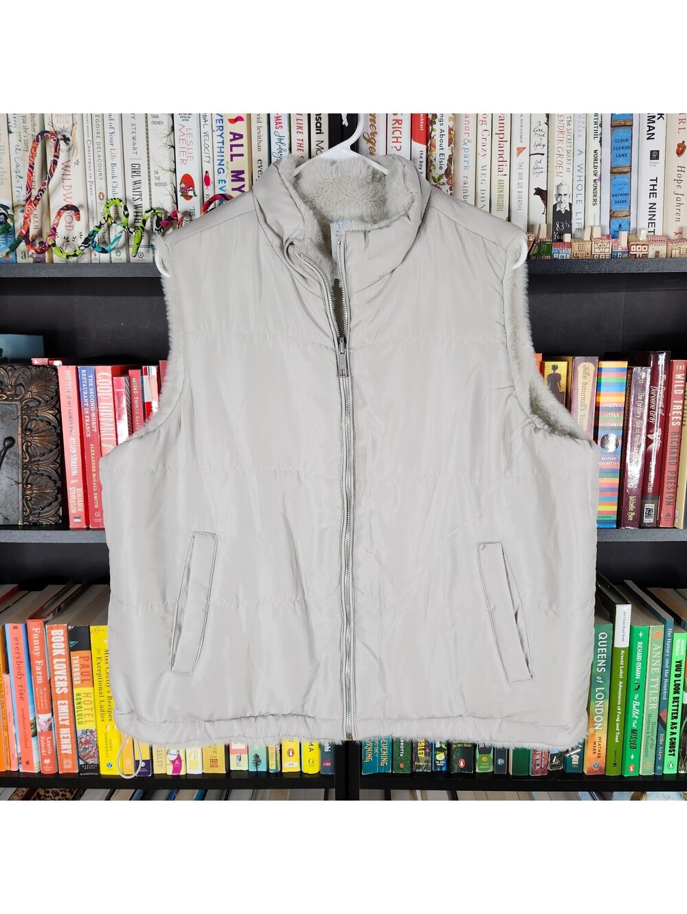 Time and Tru Faux Fur Lined Puffer Vest XL Gray Full Zip Lightweight